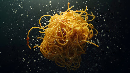 Italian spaghetti with grated parmesan on black board top view