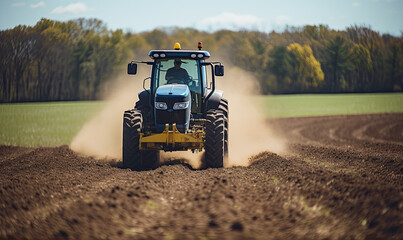Obraz premium a man cultivates a field with a tractor.