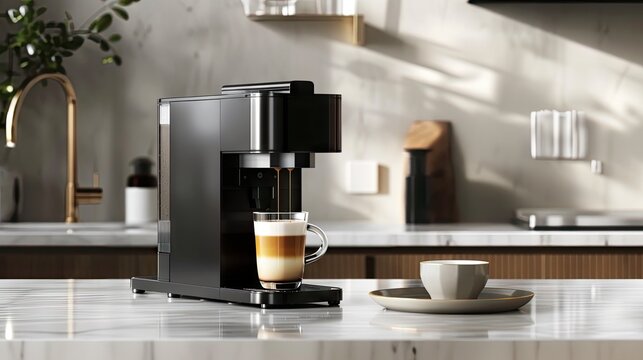 Coffee sophistication - modern machine with latte on marble countertop stock photo
