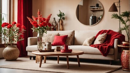 Warm and cozy interior of living room space with round wooden table, beige sofa, red flowers, kimono, rattan chair, decoration