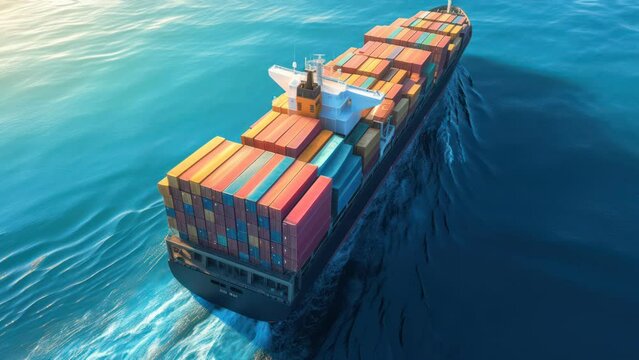 A seamless looping 4K virtual video animation showcasing large cargo ships transporting import/export container boxes across the ocean sea, capturing the serene beauty of the landscape.