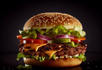 Schwebender Burger isoliert auf schwarzem Holzhintergrund. Zutaten eines leckeren Burgers mit Rinderhackfleisch-Patty, Salat, Speck, Zwiebeln, Tomaten und Gurken - Generative Ai