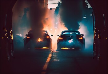Blurred silhouettes of cars surrounded by steam from the exhaust. Generative AI