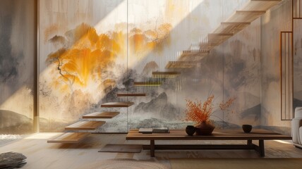 a Zen-style living space with stairs, an oil painting in a wooden frame, in light gray and amber tones, while a mural with a translucent overlay adds depth and tranquility to the space