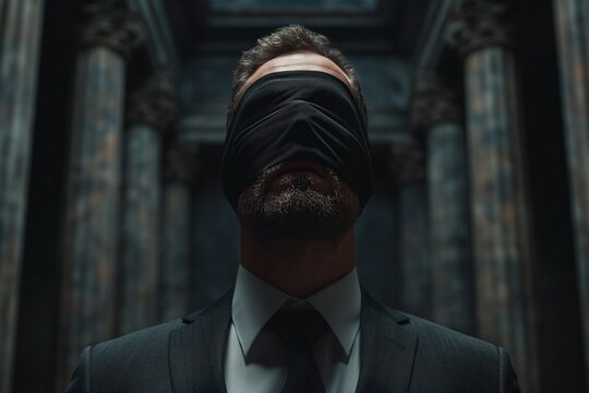 A professional man wearing a suit and tie with a blindfold over his eyes
