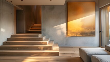 a Zen-style living space with stairs, an oil painting in a wooden frame, in light gray and amber tones, while a mural with a translucent overlay adds depth and tranquility to the space