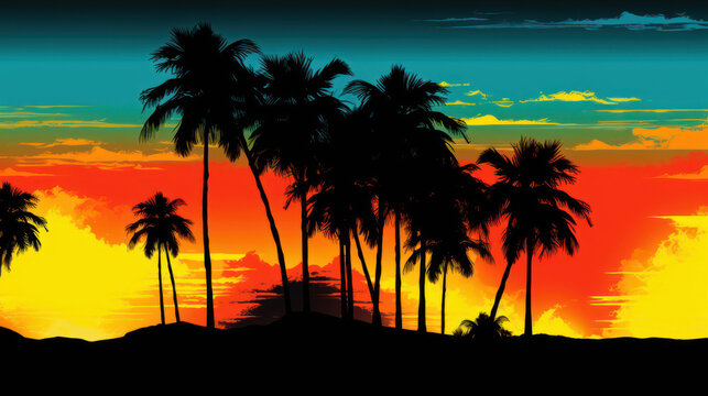 Sunset on the beach, Beautiful tropical sunset in neon colors, art deco, retro design