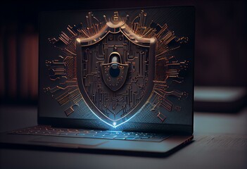 Cybersecurity with lock symbol on modern laptop screen. Protection and firewall concept. Generative AI