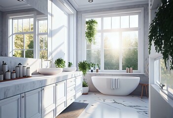 Light bathroom interior with sink and tub near panoramic window. Generative AI
