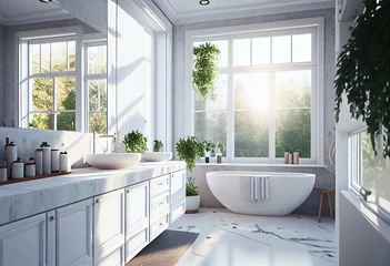 Poster Light bathroom interior with sink and tub near panoramic window. Generative AI © Yara