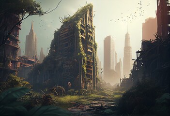 rotten / decayed city skyline with skyscrapers, overgrown with vegetation and hanging vines in a post-apocalyptic tropical forest landscape, hazy and misty atmosphere - painted -. Generative AI - obrazy, fototapety, plakaty