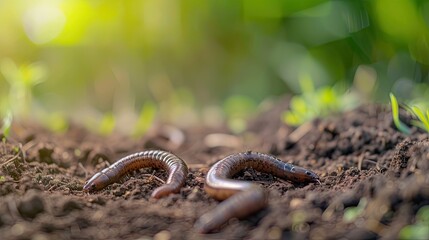 Garden biodiversity - two earthworms on wet soil, space for text stock photo - obrazy, fototapety, plakaty