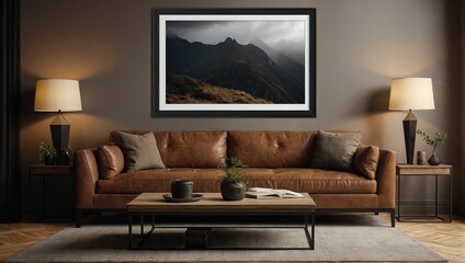 A large black blank picture frame hangs over a large brown sofa, mockup, horizontal, landscape format