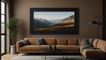 A large black blank picture frame hangs over a large brown sofa, mockup, horizontal, landscape format