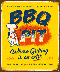 Vintage metal sign - BBQ PIT - Where Grilling is an Art - Rust and Distressed effects can be easily removed on the Vector File for a brand new look. - 734184325