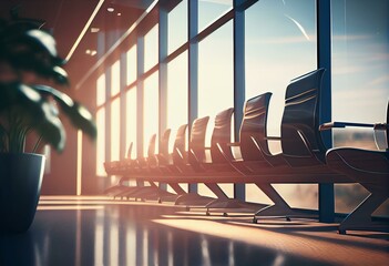 Business travel and avia concept with perspective view on light empty seat rows in sunlit spacious airport waiting area hall with huge panoramic windows and wooden floor. 3D rendering. Generative AI