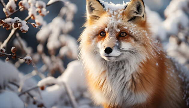 Cute dog in winter snow, sitting, looking at camera generated by AI