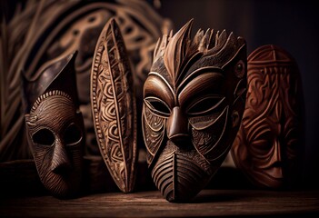 Selection of African masks carved from wood and decorated, some with seashells and others by being engraved. Generative AI