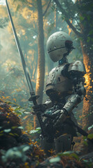 A serene robot carefully wielding a samurai sword in the heart of a dense enchanting forest