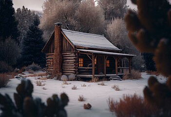 Wood Cabin in the snow. Generative AI