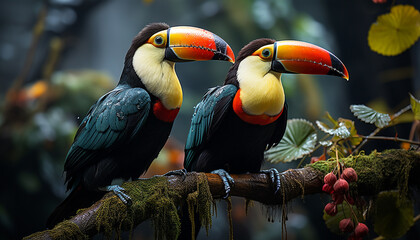 Obraz premium Toucan and macaw perching on branch in tropical rainforest generated by AI