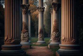 columns in the park. Generative AI - obrazy, fototapety, plakaty