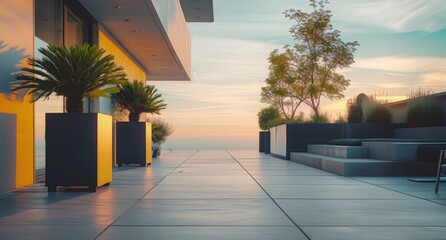Empty outdoor roof terrace with potted plants in minimal style at sunset.