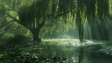 A weeping willow sagging over a tranquil pond.