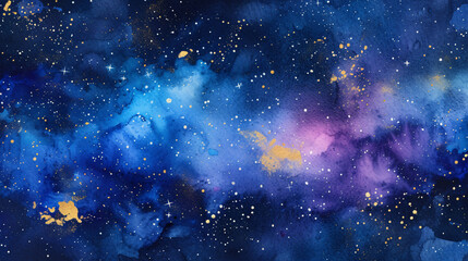 Naklejka premium Explore the Cosmic Wonders Through Starry Night Sky Watercolor Backgrounds, Awash with Celestial Hues and Sparkling Stars, Evoking a Sense of Delight and Wonder.