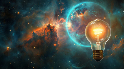 An interstellar scene featuring a celestial light bulb glowing against the background of deep space
