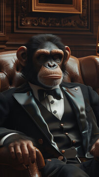 An illustrative representation of a monkey in a white collar suit relaxing in a posh office cabin after a busy day at work