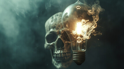 Capture the essence of creativity in an image of a skull morphing into a light bulb