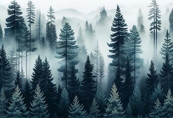 Seamless pattern with foggy spruce forest. Watercolor painting. Generative AI - obrazy, fototapety, plakaty