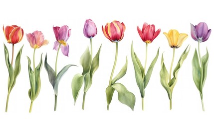 Colorful tulips aligned horizontally, watercolor style