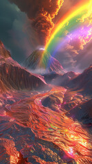 Fundamentally abstract 3D rendering focusing on a beast prowling the slopes of a brilliantly colored volcano under a spectacle of a rainbow