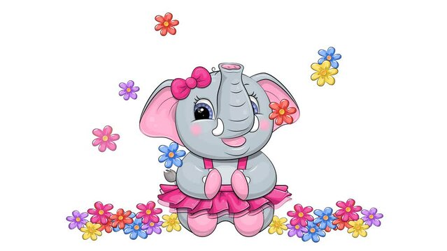 Сute elephant girl sprays flowers from her trunk. Fun cartoon looped animation Transparent background.
