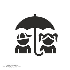 protection of children's rights icon, child insurance, boy with girl under an umbrella, flat symbol on white background - vector illustration
