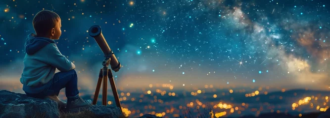 Foto op Aluminium Child's Astronomical Adventure Under Starry Sky © Tadeusz