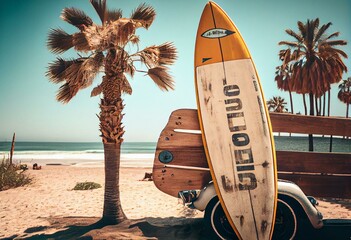Surfboard and palm tree on beach with beach sign for surfing area. Travel adventure and water sport. relaxation and summer vacation concept. vintage color tone image. - generative ai