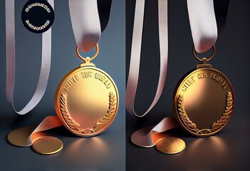Blank gold medal with ribbon mockup, side and top view. Generative AI