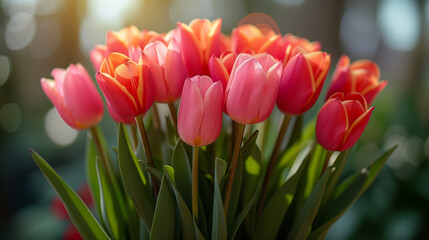 Bouquet of pink tulips on a blurred background at sunset. Gift for mother's day celebration. 