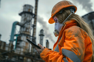 Worker woman wearing protection monitoring and measuring on digital device industrial parameters like air pollution, chemical contaminants for safety in industry - obrazy, fototapety, plakaty