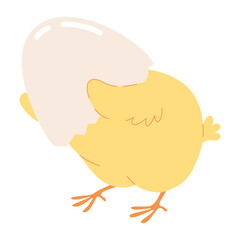 Cute cartoon little chicken hatched from an egg. Yellow Easter chick funny nestling character. Vector illustration isolated on a white background for Easter cards, banners, and stickers.