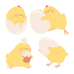 Cute chicken set. Easter yellow chicks hatched from eggs. Funny baby farm bird characters. Vector illustration isolated on a white background for Easter cards, banners, and stickers.