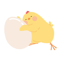 Cute cartoon little chick hugging an egg. Yellow Easter chicken funny nestling character. Vector illustration isolated on a white background for Easter cards, banners, and stickers.