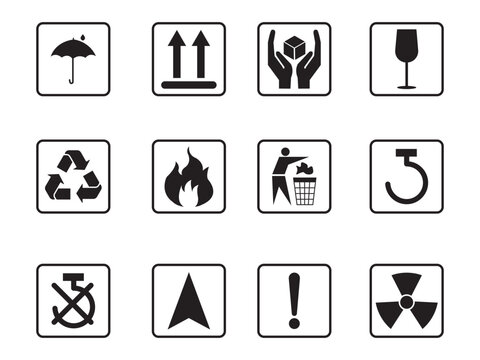 Common packaging & warning symbol set. Black and white flat style icons with frame and outline. Fragile, recycle, Handle with care, This side up, Indoor use only, falling snow