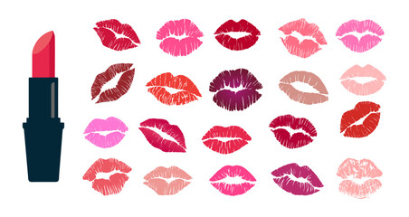 Set of Lipstick and kiss prints. Red, pink, purple, wine, magenta lips. Different shapes female sexy lips. Lips makeup. Female mouth. Imprint of kiss vector illustration isolated on white background. - obrazy, fototapety, plakaty