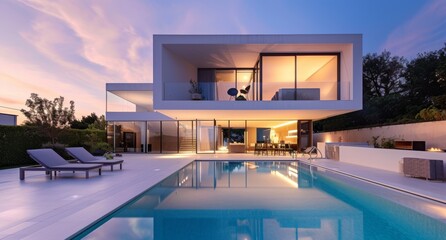 Contemporary villa with reflective pool. Modern minimalist house with a pool at dusk. Residence with sunset pool reflections.
