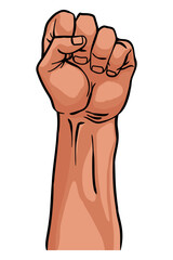 Raised fist hand gesture emblem. Vector hand clenched into fist and rising up, symbol isolated on white background. Power sign. Human hand up in the air