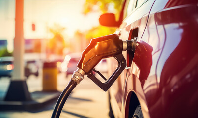 Close-up photo of a car filling up with gas at a gas station, refueling - obrazy, fototapety, plakaty
